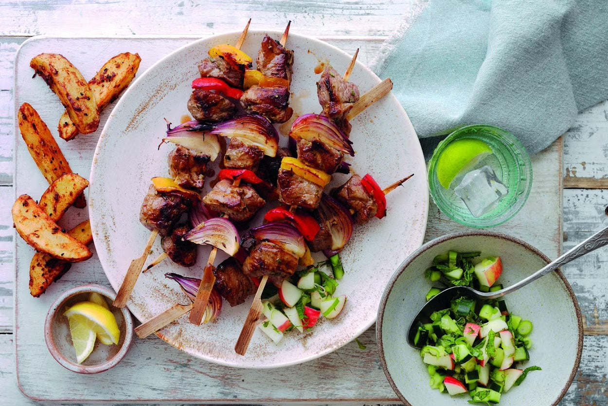 Honey and Mustard Lamb Kebabs with Cucumber Salsa